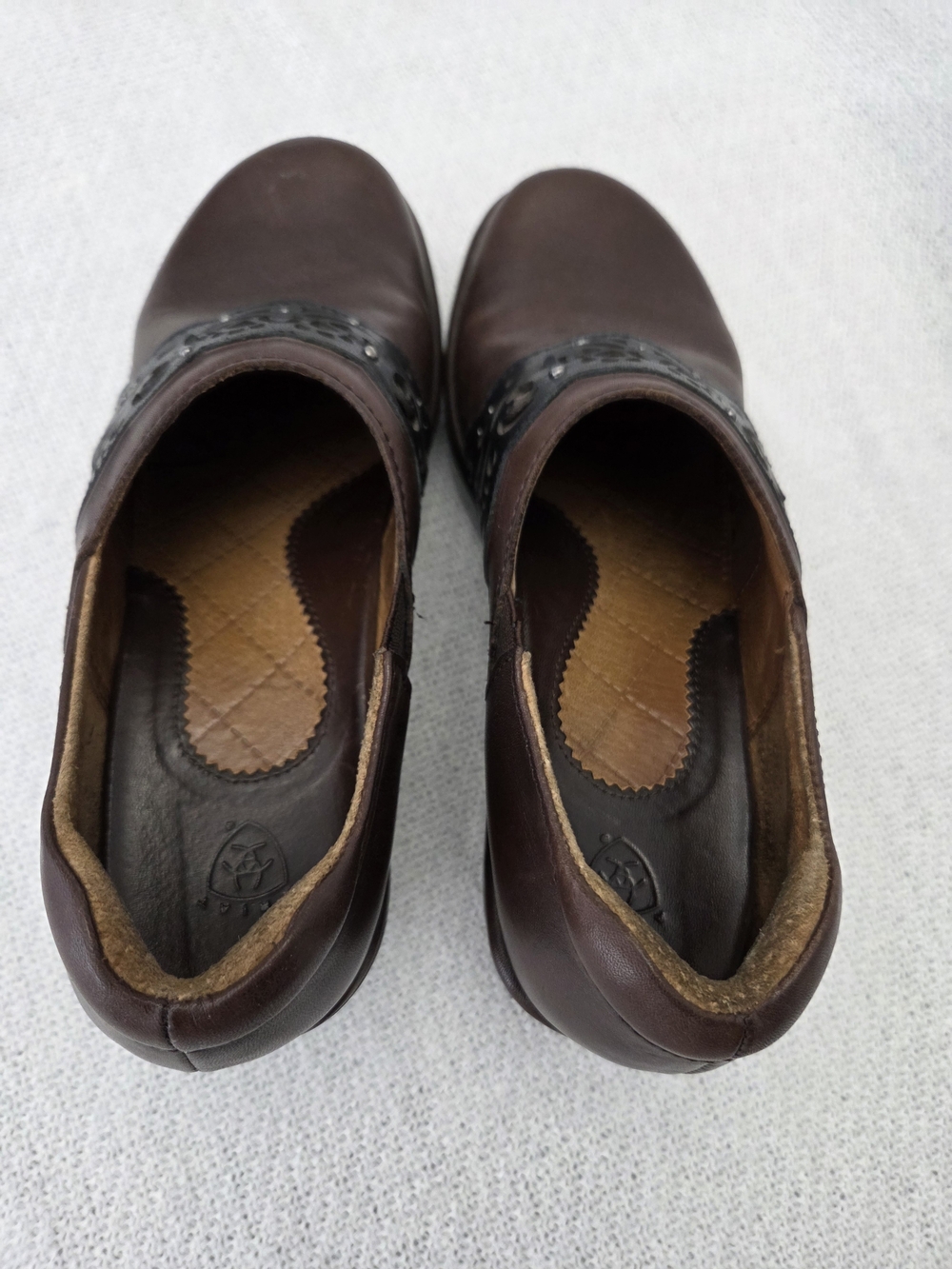 Ariat Brown Leather Slip-On Clogs with Black Decorative Overlay - Picture 6 of 6
